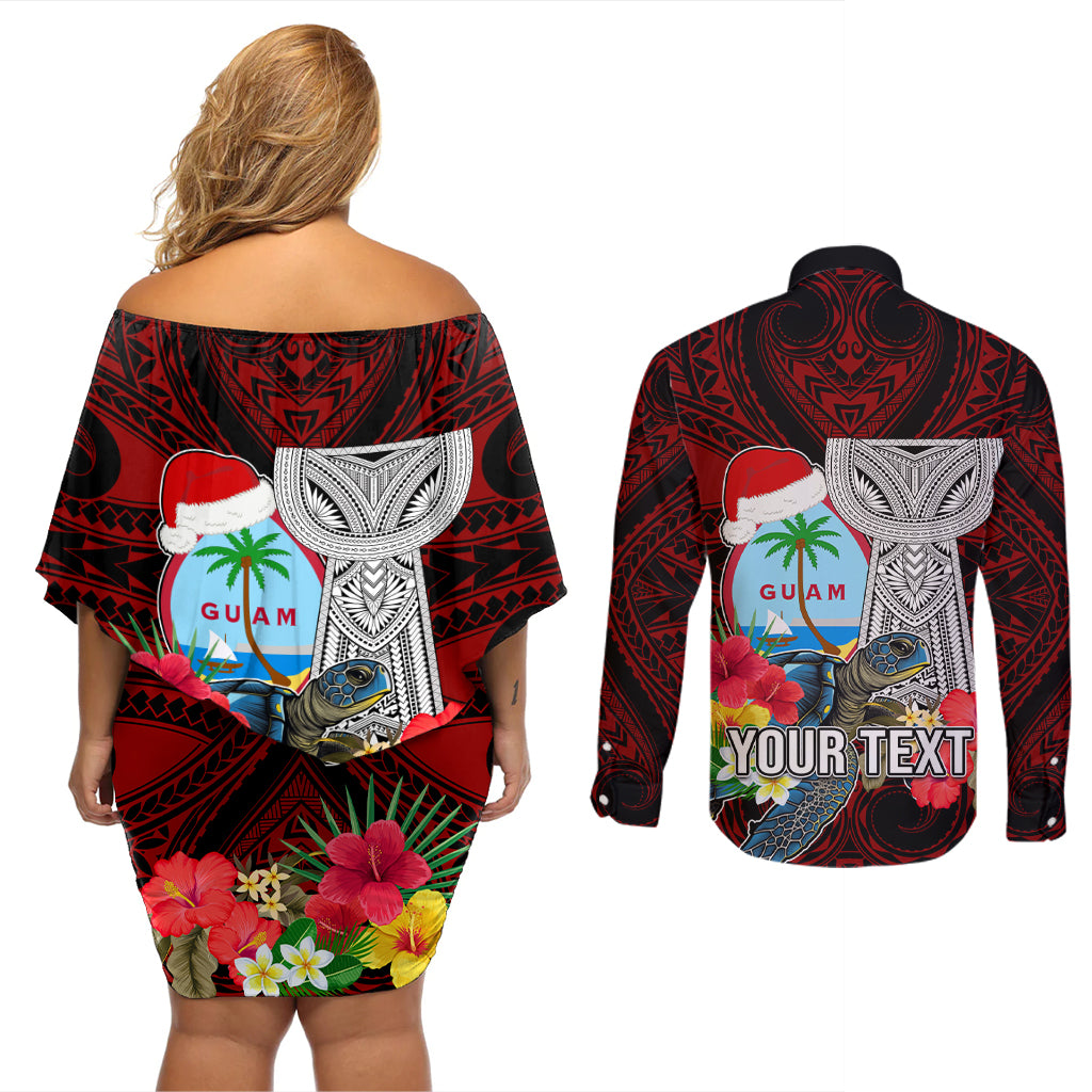 Custom Guam Christmas Couples Matching Off Shoulder Short Dress and Long Sleeve Button Shirt Santa Gift Latte Stone and Sea Turle Mix Hibiscus Chamorro Red Style LT03