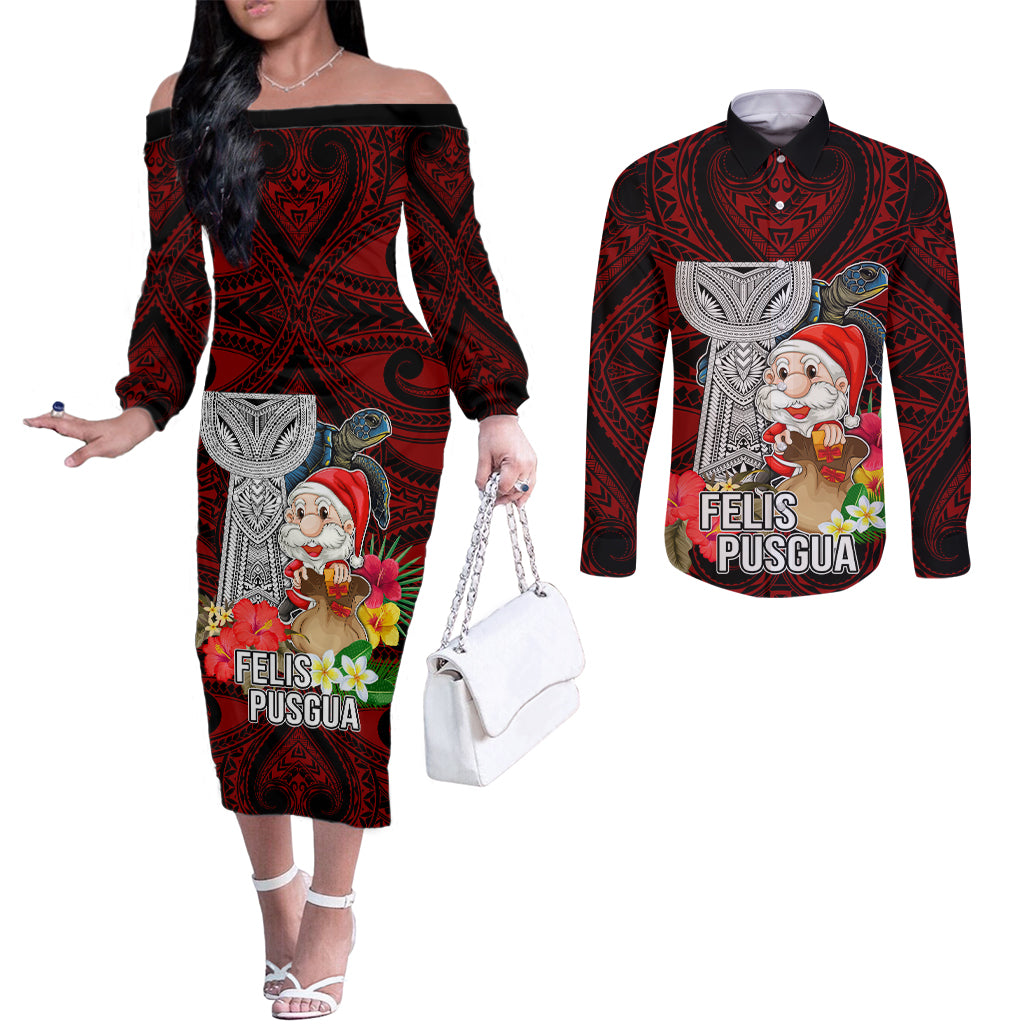 Custom Guam Christmas Couples Matching Off The Shoulder Long Sleeve Dress and Long Sleeve Button Shirt Santa Gift Latte Stone and Sea Turle Mix Hibiscus Chamorro Red Style LT03