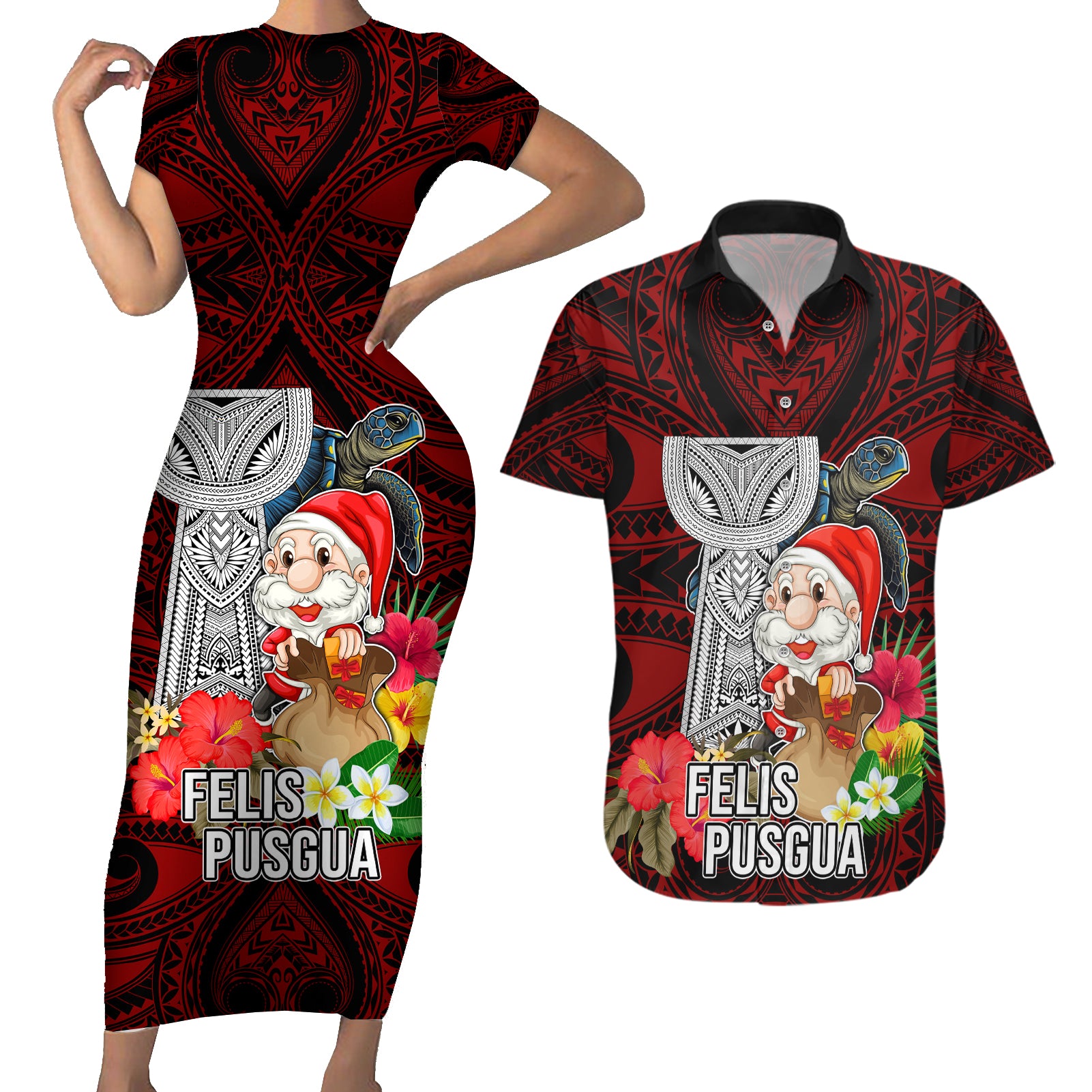 Custom Guam Christmas Couples Matching Short Sleeve Bodycon Dress and Hawaiian Shirt Santa Gift Latte Stone and Sea Turle Mix Hibiscus Chamorro Red Style LT03