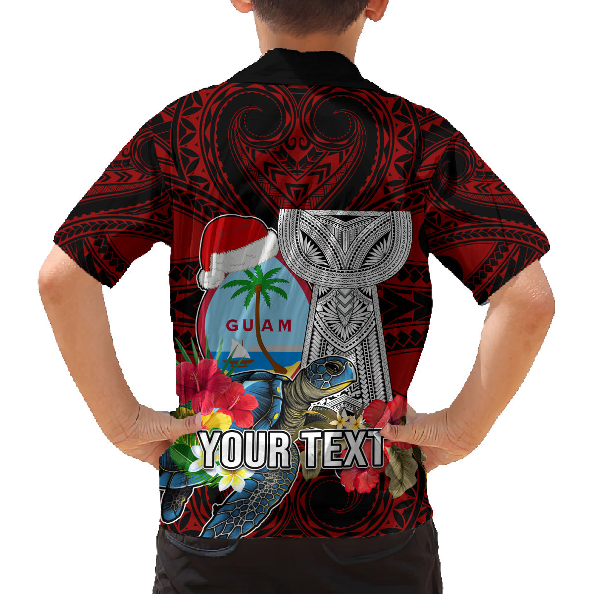 Custom Guam Christmas Family Matching Off Shoulder Short Dress and Hawaiian Shirt Santa Gift Latte Stone and Sea Turle Mix Hibiscus Chamorro Red Style LT03