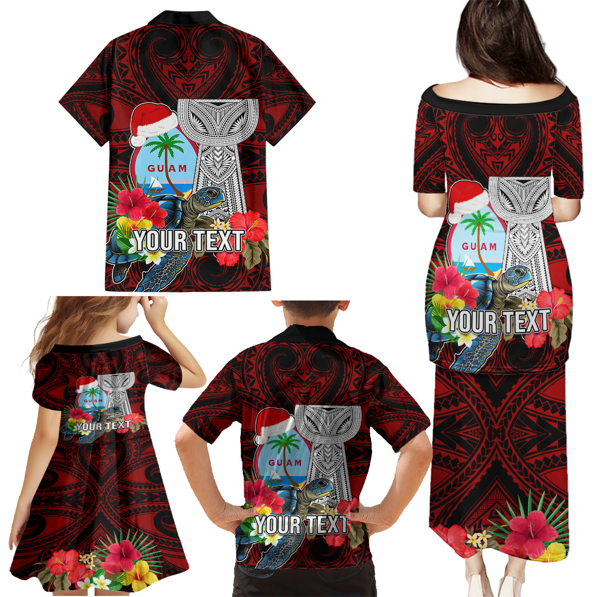 Custom Guam Christmas Family Matching Puletasi Dress and Hawaiian Shirt Santa Gift Latte Stone and Sea Turle Mix Hibiscus Chamorro Red Style LT03