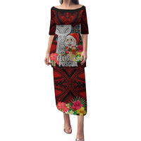 Custom Guam Christmas Family Matching Puletasi Dress and Hawaiian Shirt Santa Gift Latte Stone and Sea Turle Mix Hibiscus Chamorro Red Style LT03