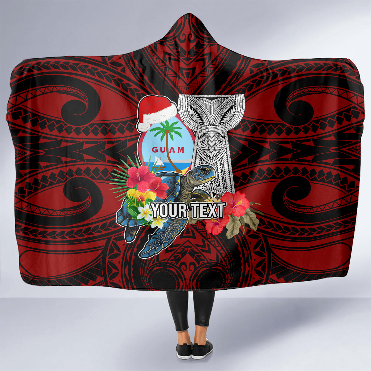 Custom Guam Christmas Hooded Blanket Santa Gift Latte Stone and Sea Turle Mix Hibiscus Chamorro Red Style LT03