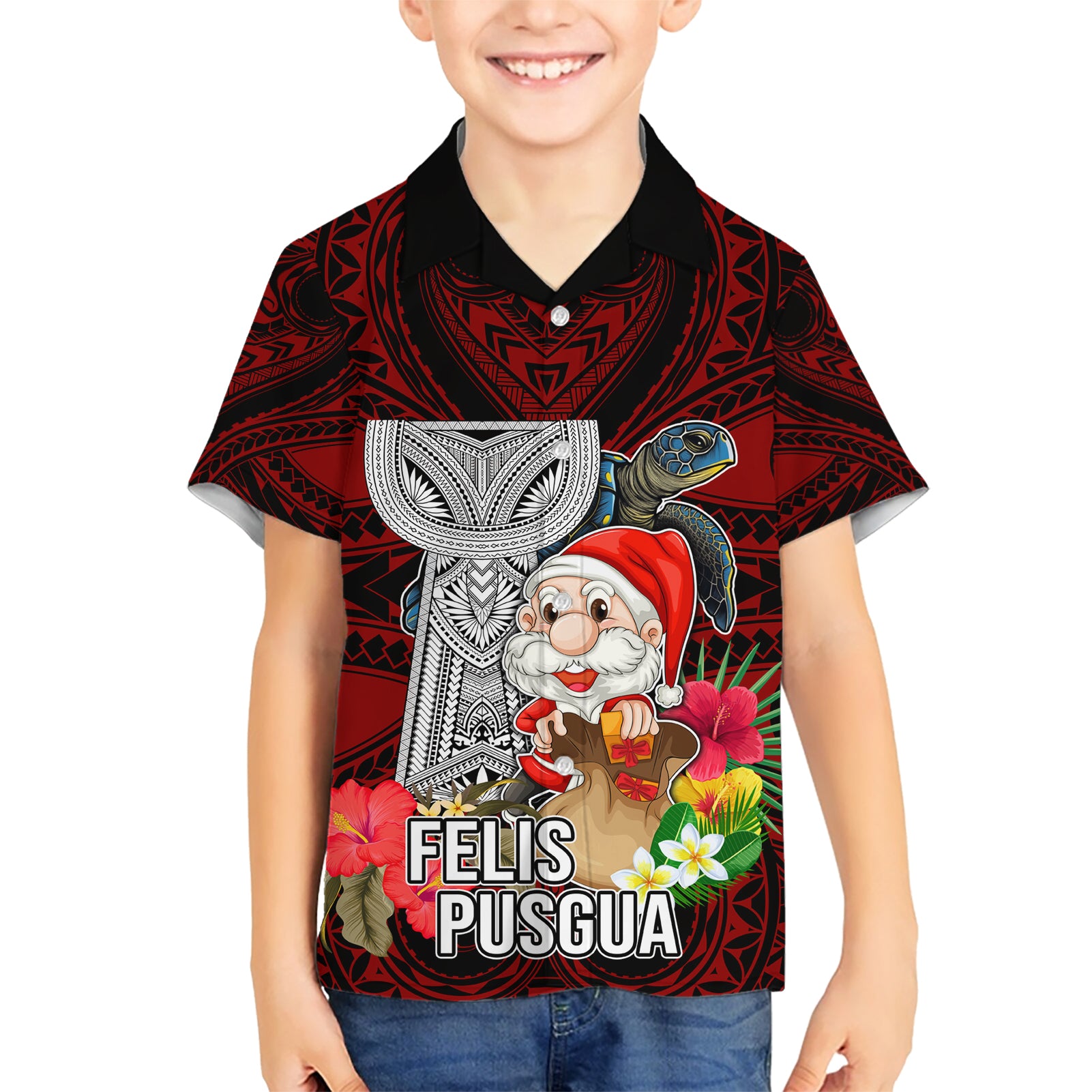 Custom Guam Christmas Kid Hawaiian Shirt Santa Gift Latte Stone and Sea Turle Mix Hibiscus Chamorro Red Style LT03