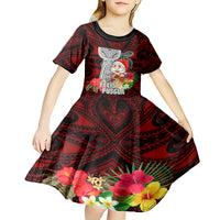 Custom Guam Christmas Kid Short Sleeve Dress Santa Gift Latte Stone and Sea Turle Mix Hibiscus Chamorro Red Style LT03