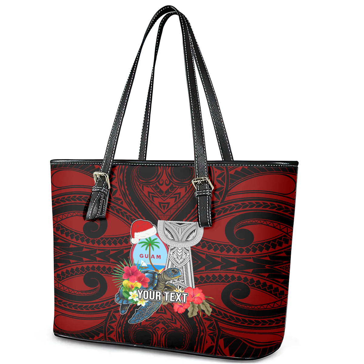 Custom Guam Christmas Leather Tote Bag Santa Gift Latte Stone and Sea Turle Mix Hibiscus Chamorro Red Style LT03