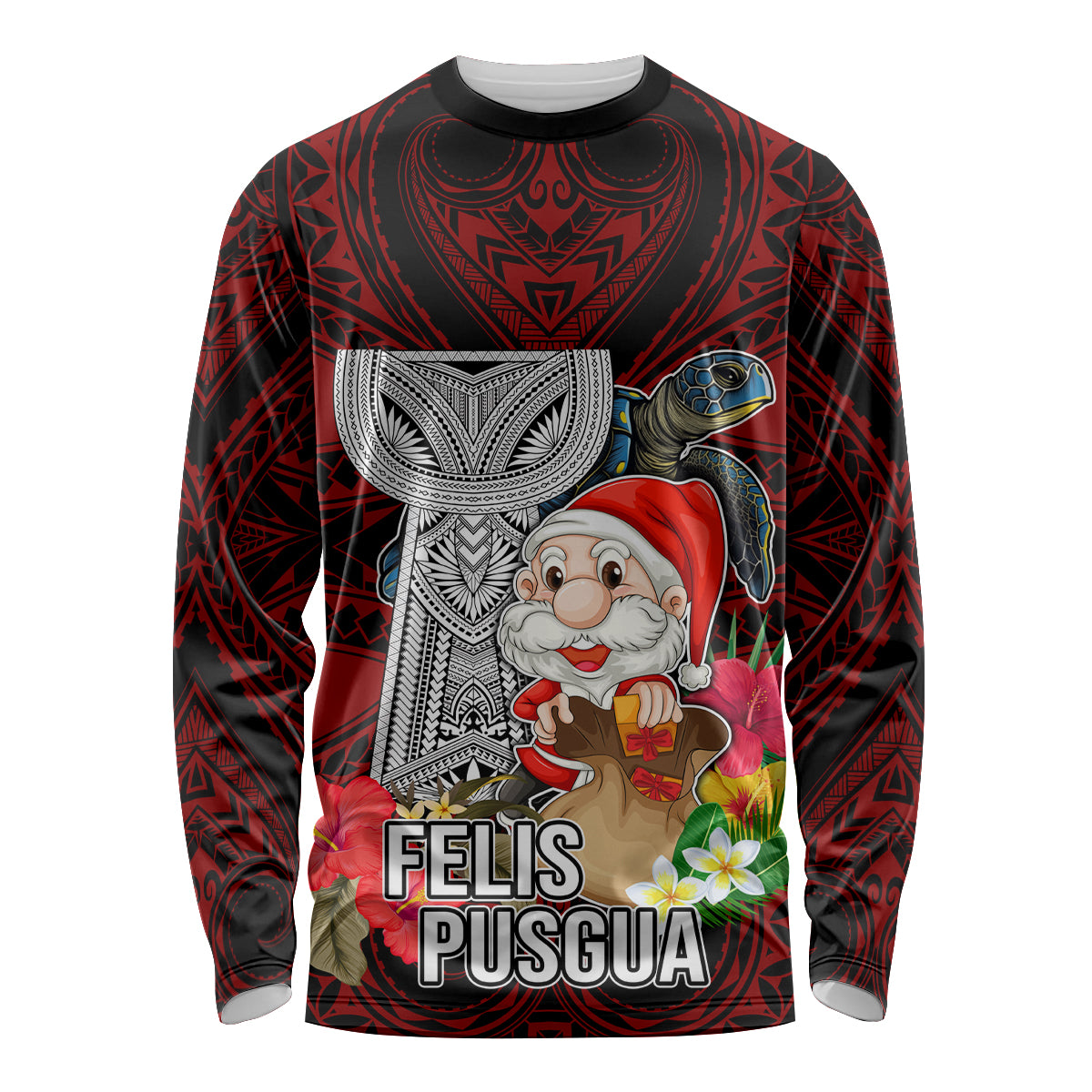 Custom Guam Christmas Long Sleeve Shirt Santa Gift Latte Stone and Sea Turle Mix Hibiscus Chamorro Red Style LT03