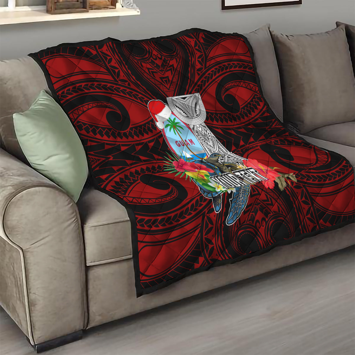 Custom Guam Christmas Quilt Santa Gift Latte Stone and Sea Turle Mix Hibiscus Chamorro Red Style LT03