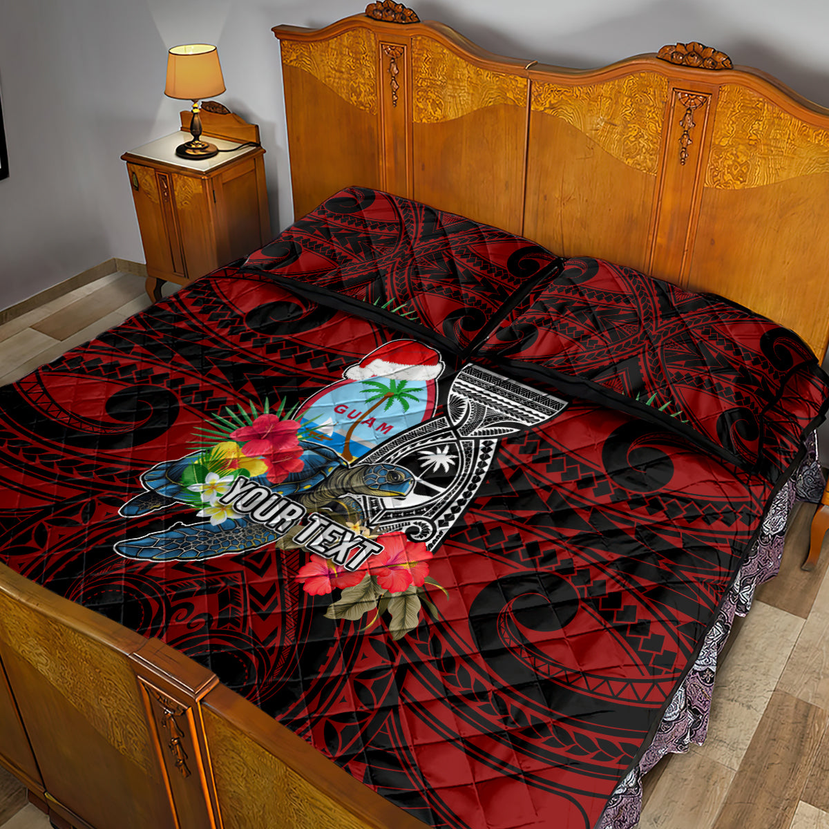 Custom Guam Christmas Quilt Bed Set Santa Gift Latte Stone and Sea Turle Mix Hibiscus Chamorro Red Style LT03