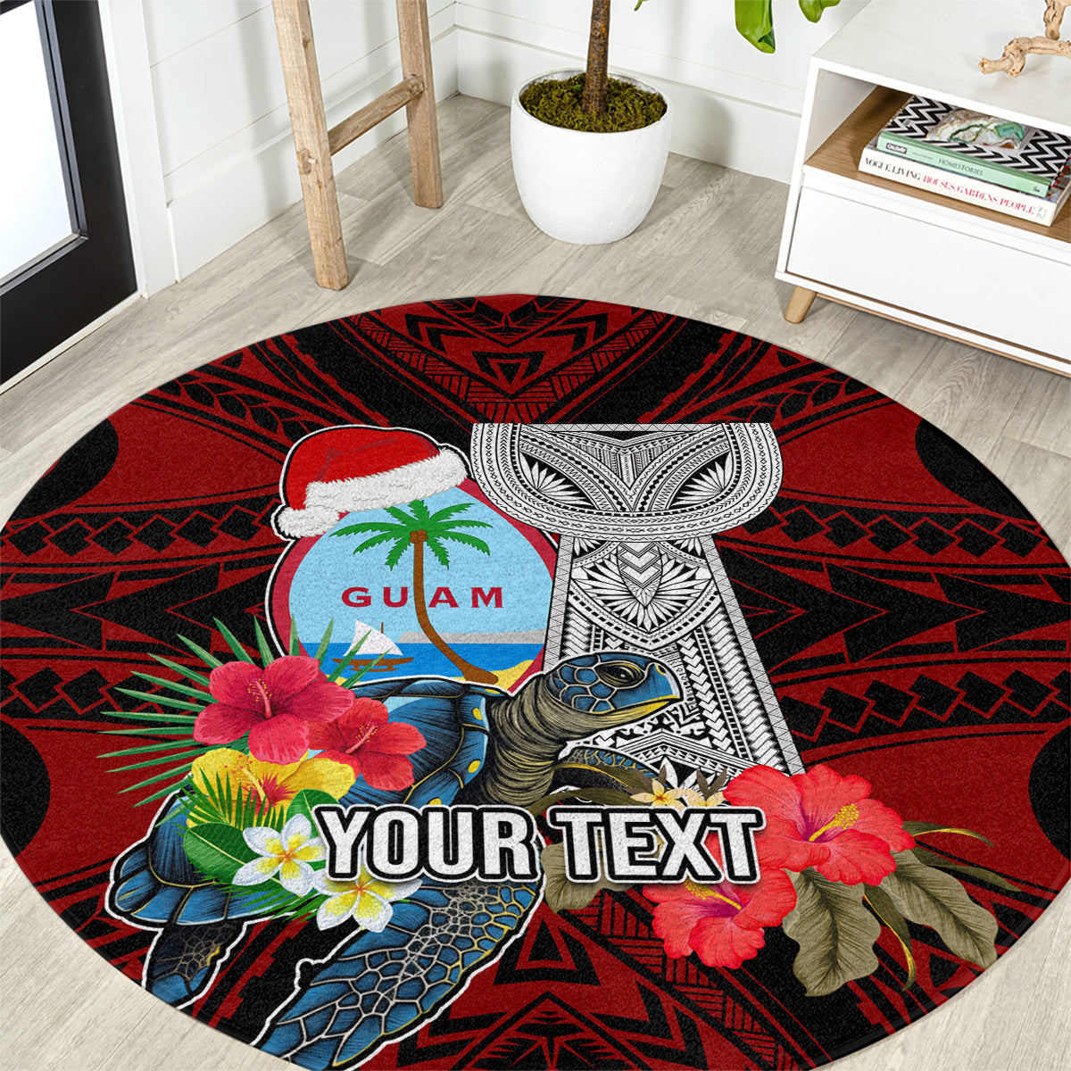 Custom Guam Christmas Round Carpet Santa Gift Latte Stone and Sea Turle Mix Hibiscus Chamorro Red Style LT03