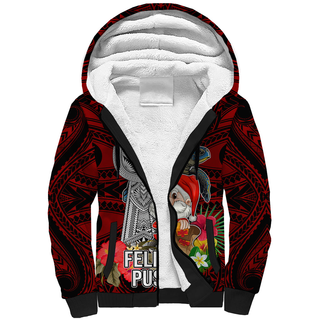 Custom Guam Christmas Sherpa Hoodie Santa Gift Latte Stone and Sea Turle Mix Hibiscus Chamorro Red Style LT03