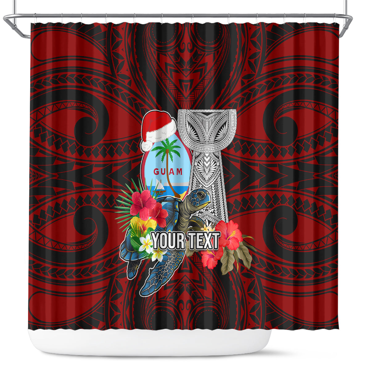 Custom Guam Christmas Shower Curtain Santa Gift Latte Stone and Sea Turle Mix Hibiscus Chamorro Red Style LT03