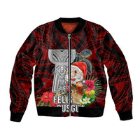 Custom Guam Christmas Sleeve Zip Bomber Jacket Santa Gift Latte Stone and Sea Turle Mix Hibiscus Chamorro Red Style LT03 Unisex Red - Polynesian Pride