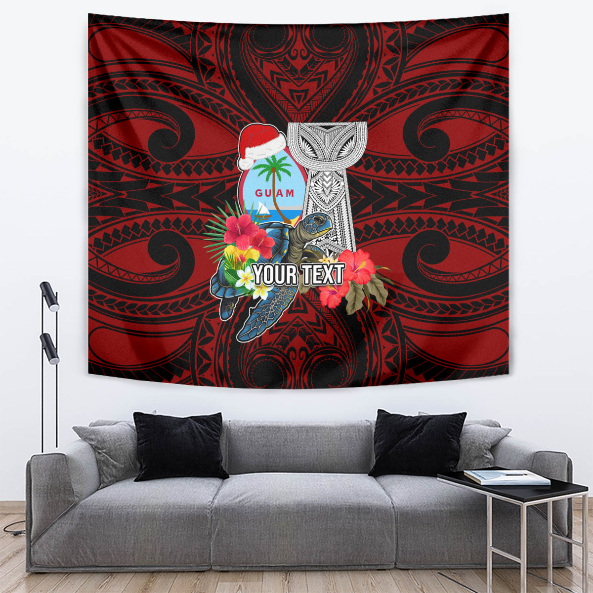 Custom Guam Christmas Tapestry Santa Gift Latte Stone and Sea Turle Mix Hibiscus Chamorro Red Style LT03