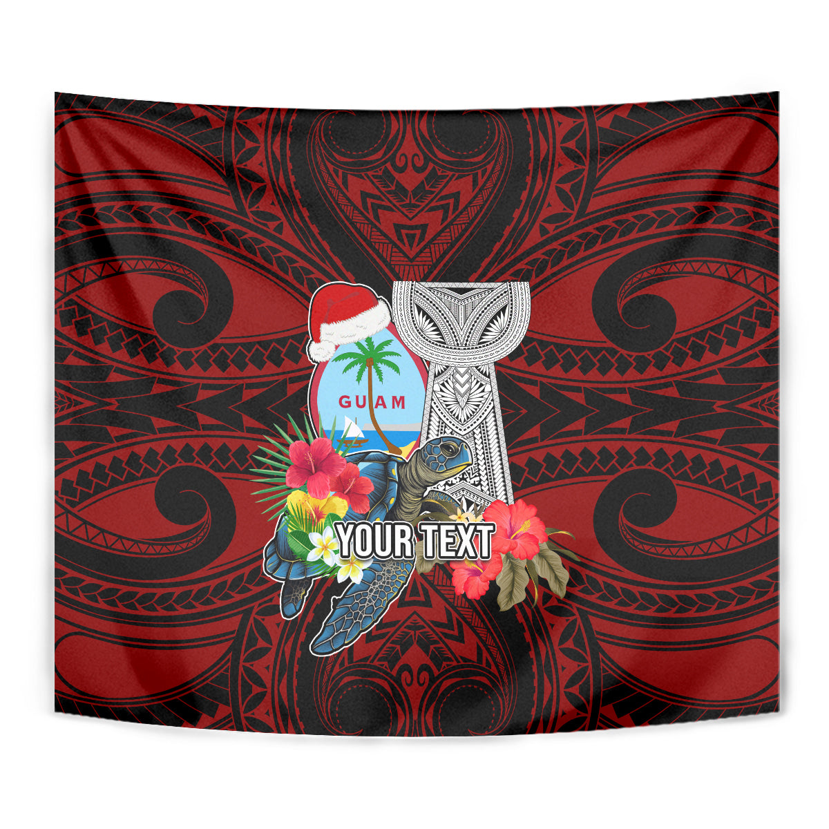 Custom Guam Christmas Tapestry Santa Gift Latte Stone and Sea Turle Mix Hibiscus Chamorro Red Style LT03