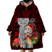 Custom Guam Christmas Wearable Blanket Hoodie Santa Gift Latte Stone and Sea Turle Mix Hibiscus Chamorro Red Style LT03