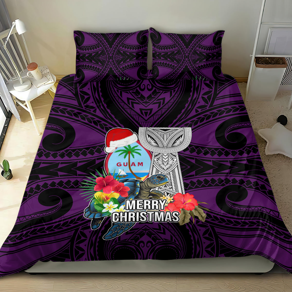 Guam Christmas Bedding Set Santa Gift Latte Stone and Sea Turle Mix Hibiscus Chamorro Pink Style LT03