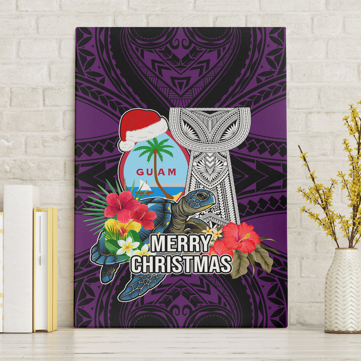 Guam Christmas Canvas Wall Art Santa Gift Latte Stone and Sea Turle Mix Hibiscus Chamorro Pink Style LT03