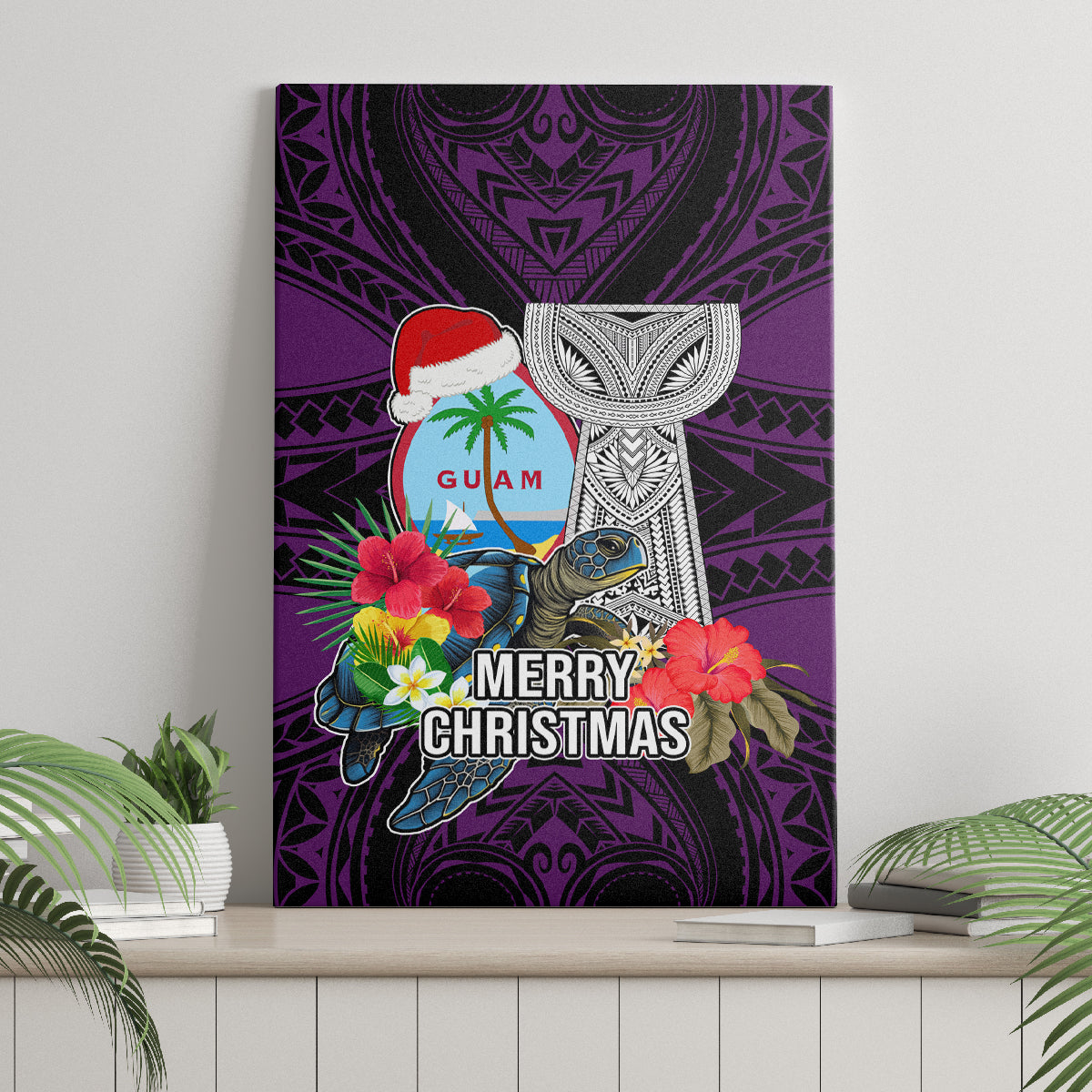 Guam Christmas Canvas Wall Art Santa Gift Latte Stone and Sea Turle Mix Hibiscus Chamorro Pink Style LT03