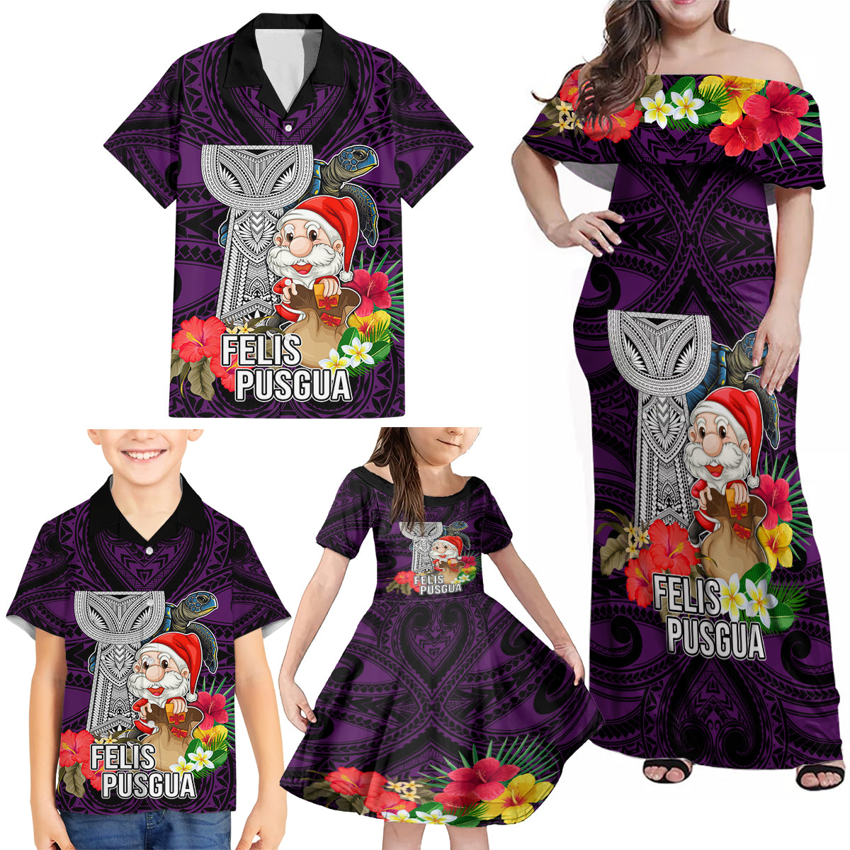 Guam Christmas Family Matching Off Shoulder Maxi Dress and Hawaiian Shirt Santa Gift Latte Stone and Sea Turle Mix Hibiscus Chamorro Pink Style LT03