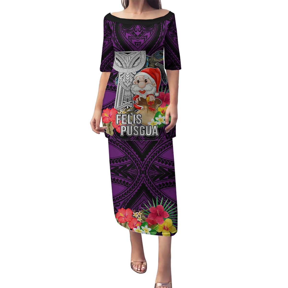 Guam Christmas Family Matching Puletasi Dress and Hawaiian Shirt Santa Gift Latte Stone and Sea Turle Mix Hibiscus Chamorro Pink Style LT03