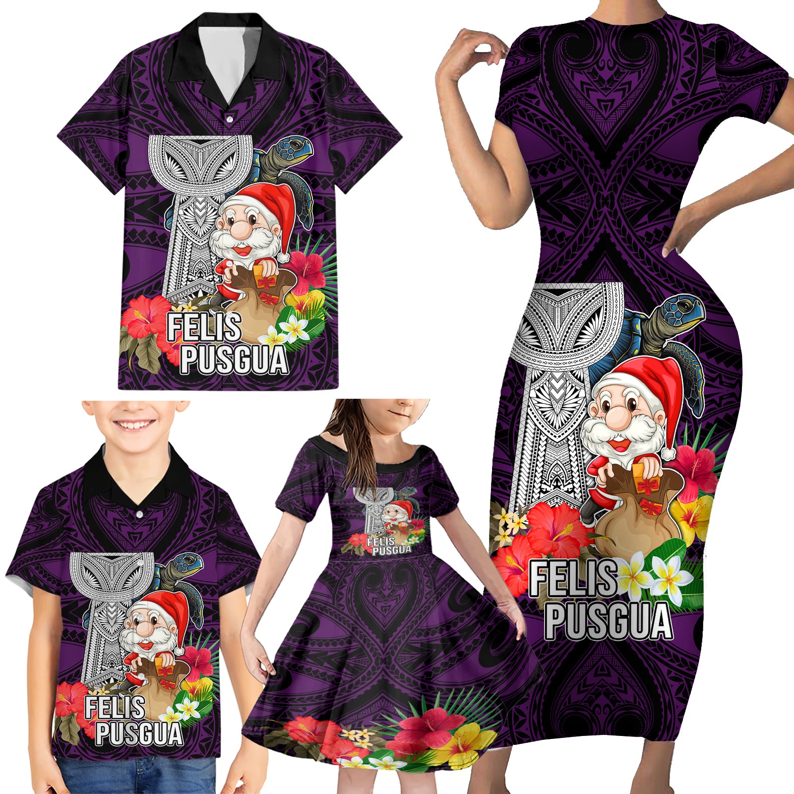 Guam Christmas Family Matching Short Sleeve Bodycon Dress and Hawaiian Shirt Santa Gift Latte Stone and Sea Turle Mix Hibiscus Chamorro Pink Style LT03