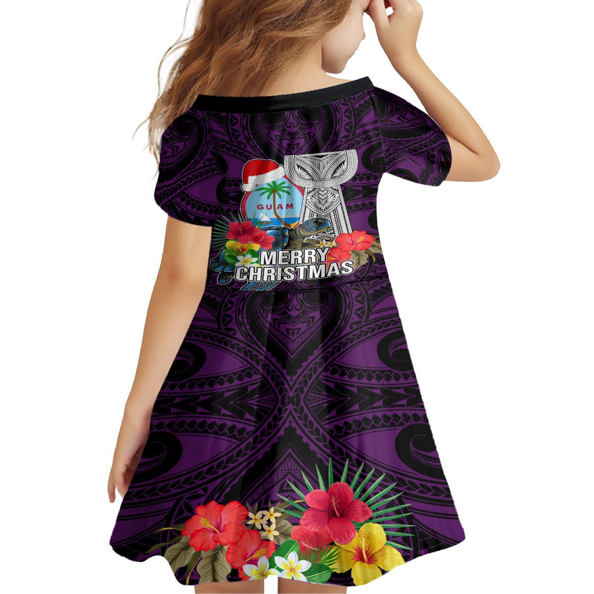 Guam Christmas Family Matching Tank Maxi Dress and Hawaiian Shirt Santa Gift Latte Stone and Sea Turle Mix Hibiscus Chamorro Pink Style LT03