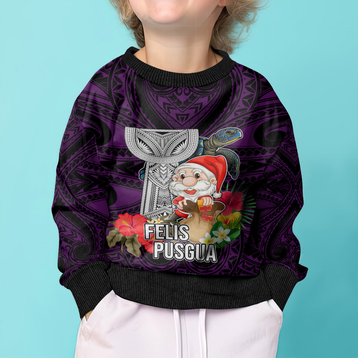 Guam Christmas Kid Ugly Christmas Sweater Santa Gift Latte Stone and Sea Turle Mix Hibiscus Chamorro Pink Style LT03