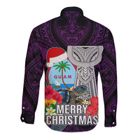 Guam Christmas Long Sleeve Button Shirt Santa Gift Latte Stone and Sea Turle Mix Hibiscus Chamorro Pink Style LT03