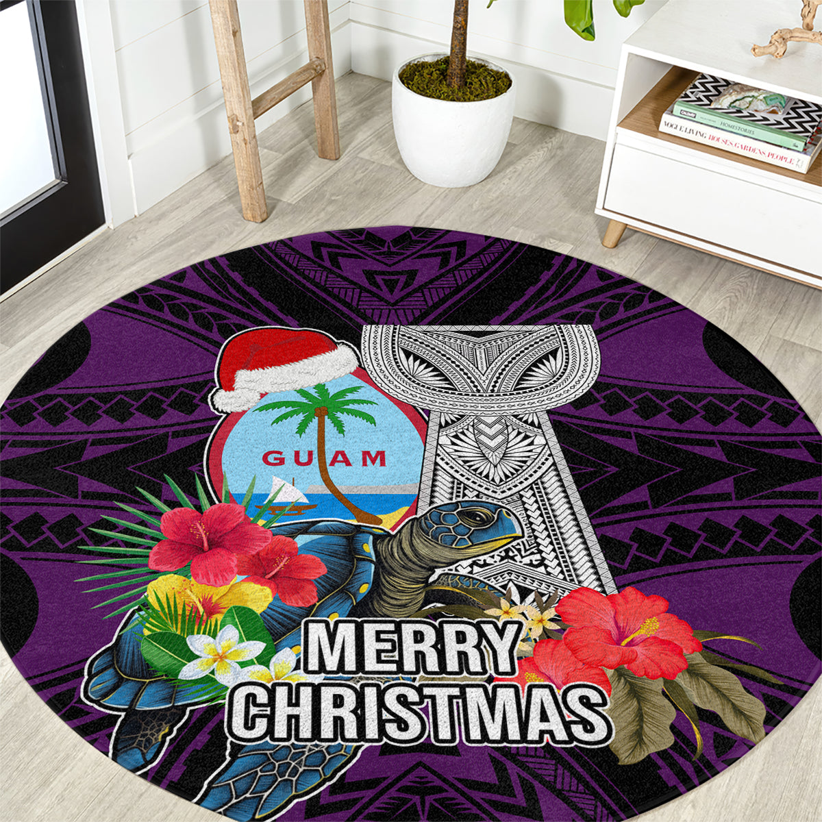 Guam Christmas Round Carpet Santa Gift Latte Stone and Sea Turle Mix Hibiscus Chamorro Pink Style LT03