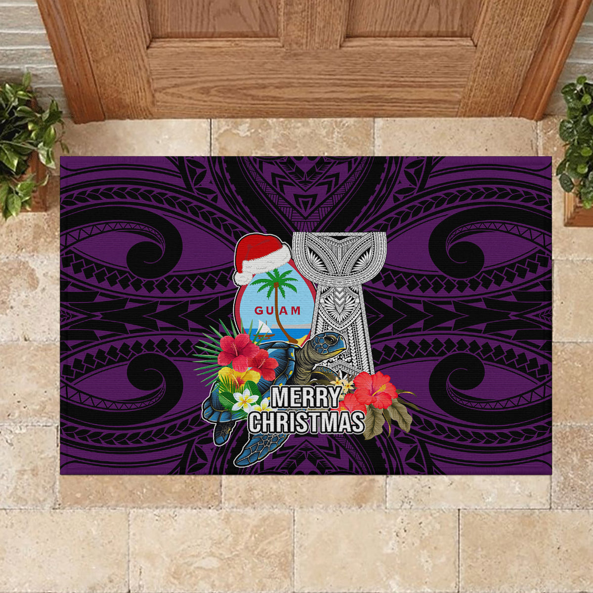 Guam Christmas Rubber Doormat Santa Gift Latte Stone and Sea Turle Mix Hibiscus Chamorro Pink Style LT03