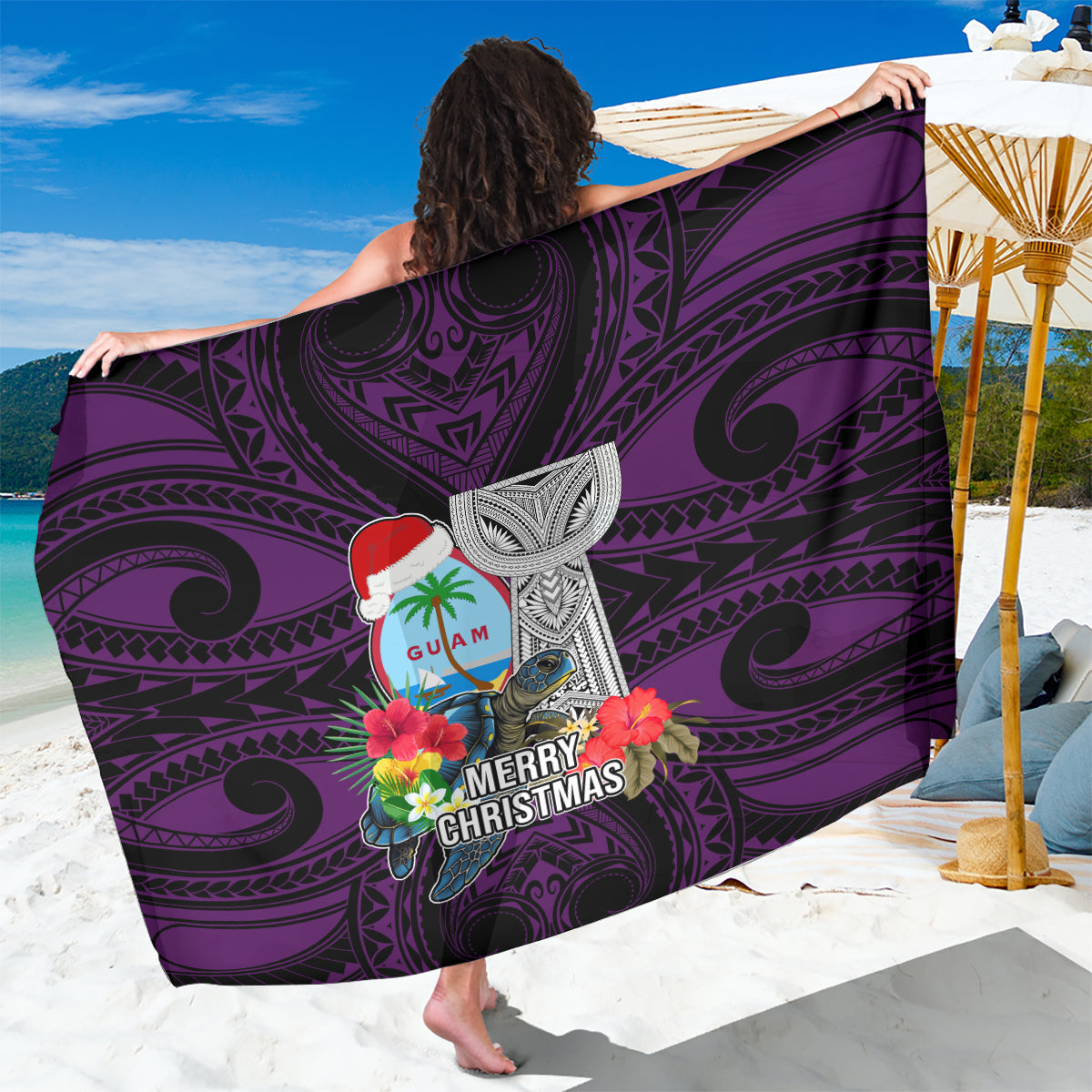 Guam Christmas Sarong Santa Gift Latte Stone and Sea Turle Mix Hibiscus Chamorro Pink Style LT03