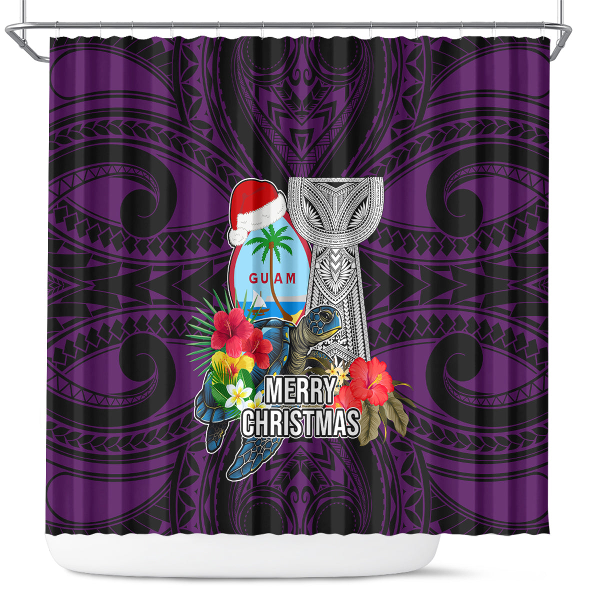 Guam Christmas Shower Curtain Santa Gift Latte Stone and Sea Turle Mix Hibiscus Chamorro Pink Style LT03