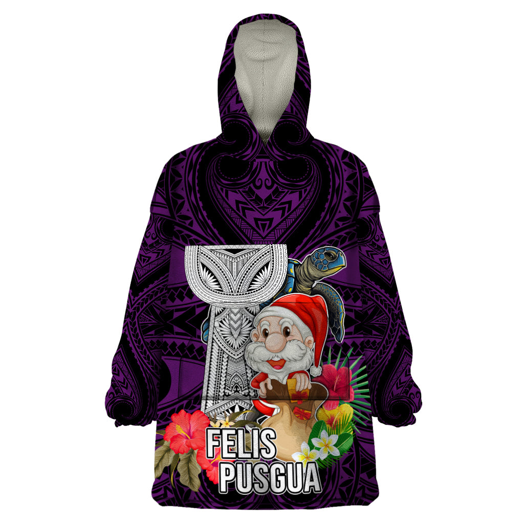 Guam Christmas Wearable Blanket Hoodie Santa Gift Latte Stone and Sea Turle Mix Hibiscus Chamorro Pink Style LT03