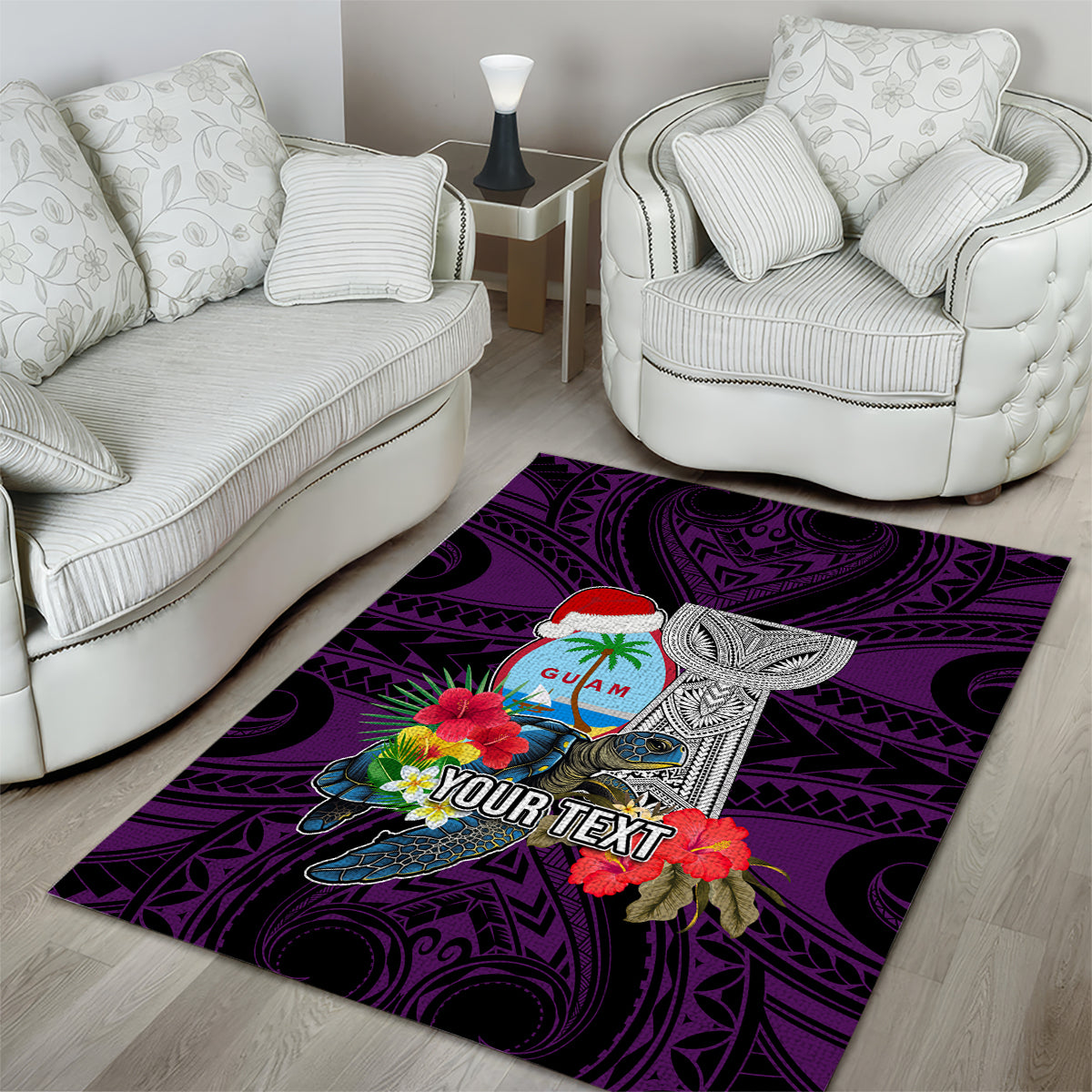Custom Guam Christmas Area Rug Santa Gift Latte Stone and Sea Turle Mix Hibiscus Chamorro Pink Style LT03