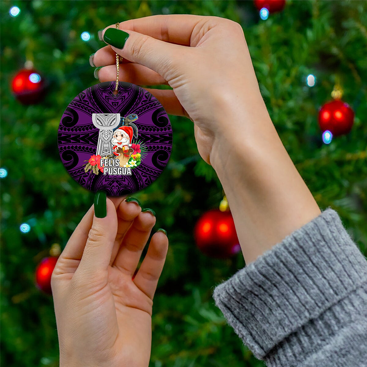 Custom Guam Christmas Ceramic Ornament Santa Gift Latte Stone and Sea Turle Mix Hibiscus Chamorro Pink Style LT03 - Polynesian Pride