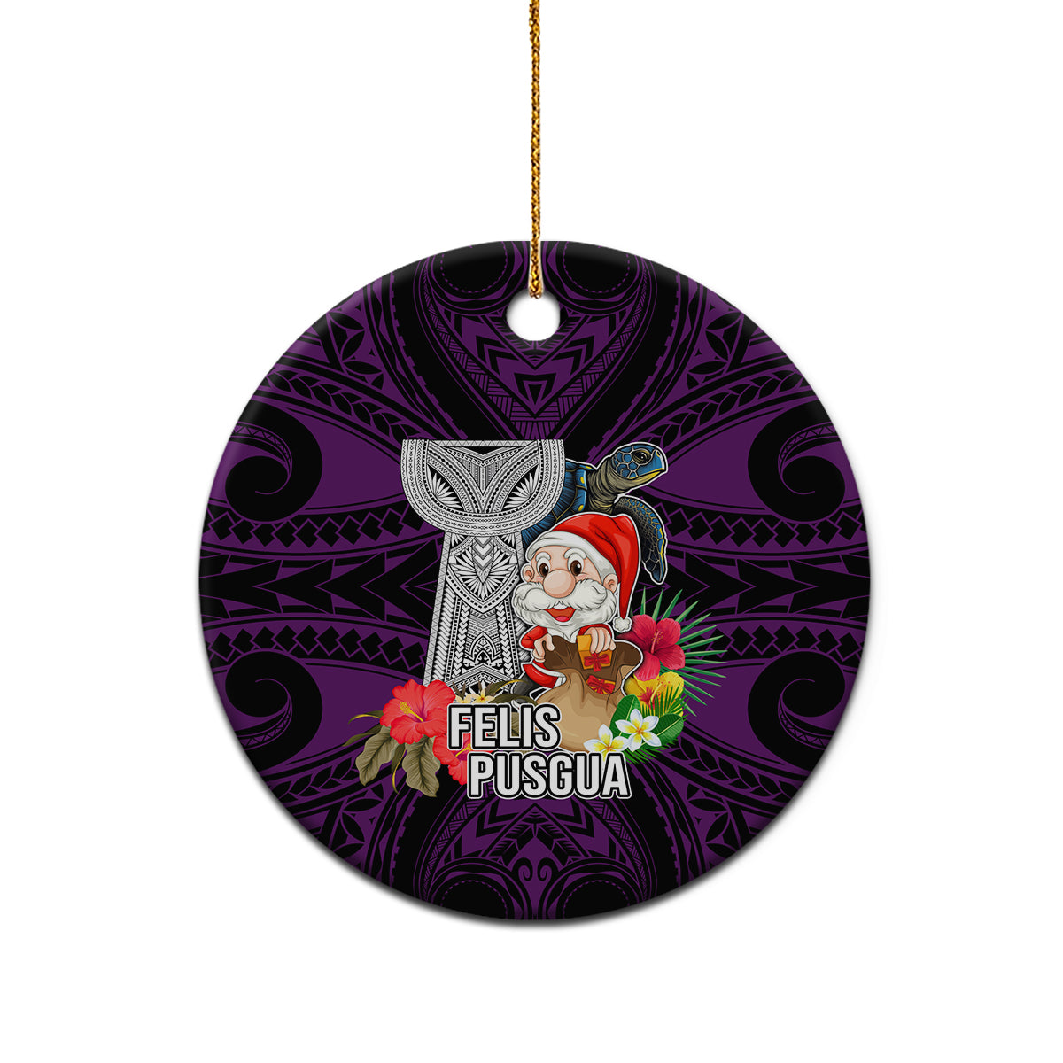 Custom Guam Christmas Ceramic Ornament Santa Gift Latte Stone and Sea Turle Mix Hibiscus Chamorro Pink Style LT03 - Polynesian Pride