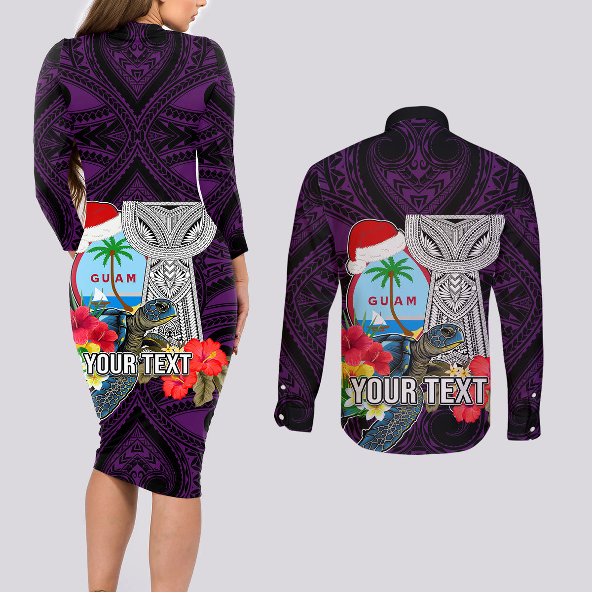 Custom Guam Christmas Couples Matching Long Sleeve Bodycon Dress and Long Sleeve Button Shirt Santa Gift Latte Stone and Sea Turle Mix Hibiscus Chamorro Pink Style LT03