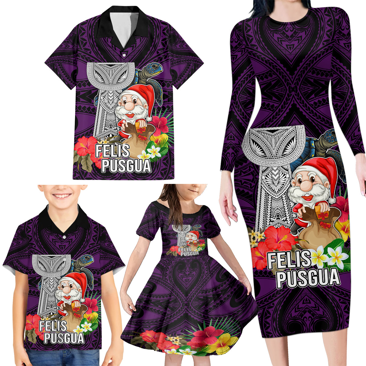 Custom Guam Christmas Family Matching Long Sleeve Bodycon Dress and Hawaiian Shirt Santa Gift Latte Stone and Sea Turle Mix Hibiscus Chamorro Pink Style LT03