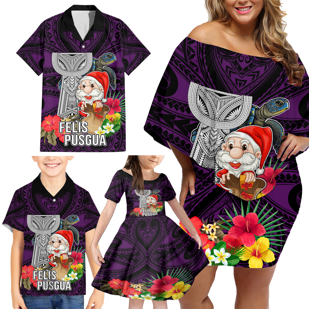 Custom Guam Christmas Family Matching Off Shoulder Short Dress and Hawaiian Shirt Santa Gift Latte Stone and Sea Turle Mix Hibiscus Chamorro Pink Style LT03