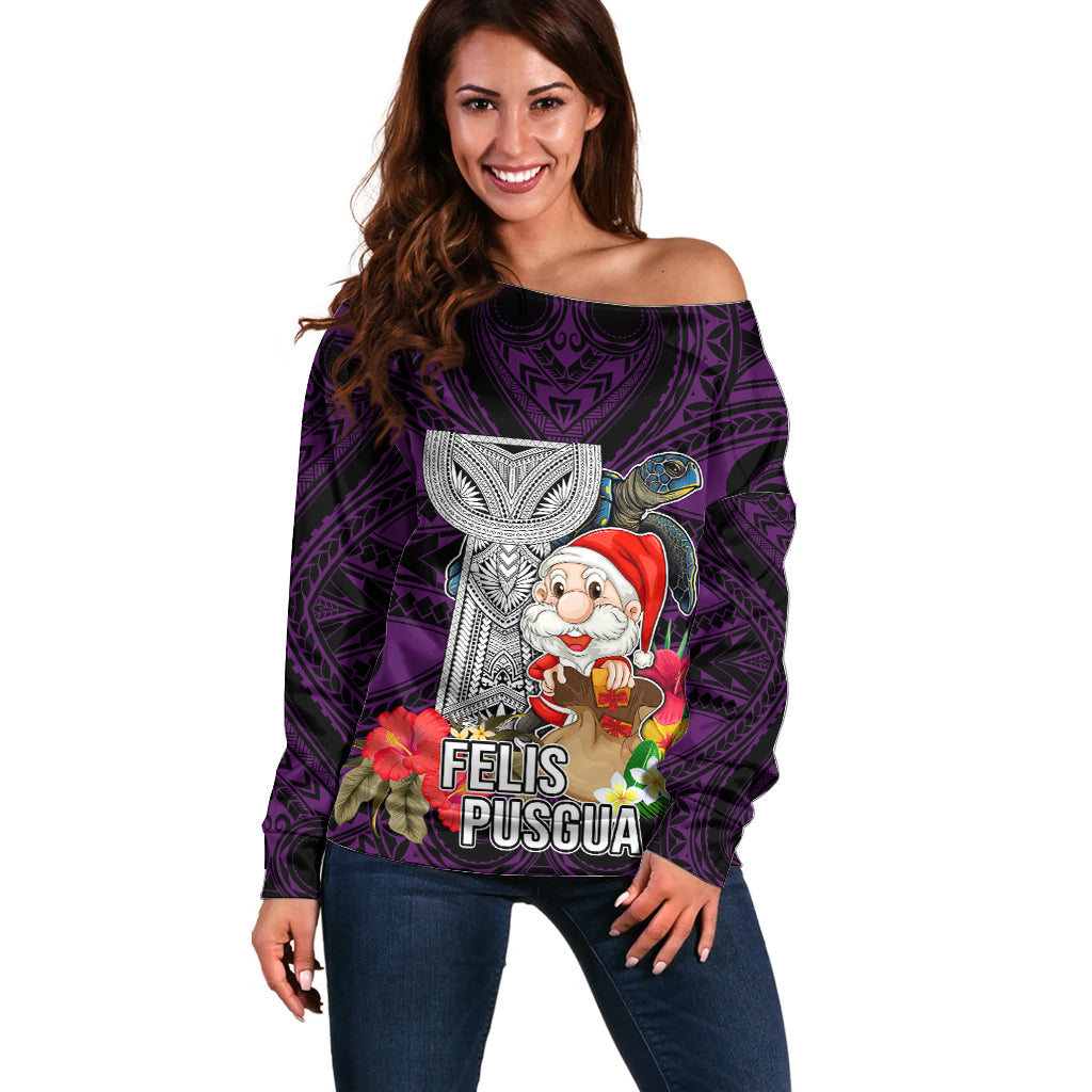 Custom Guam Christmas Off Shoulder Sweater Santa Gift Latte Stone and Sea Turle Mix Hibiscus Chamorro Pink Style LT03