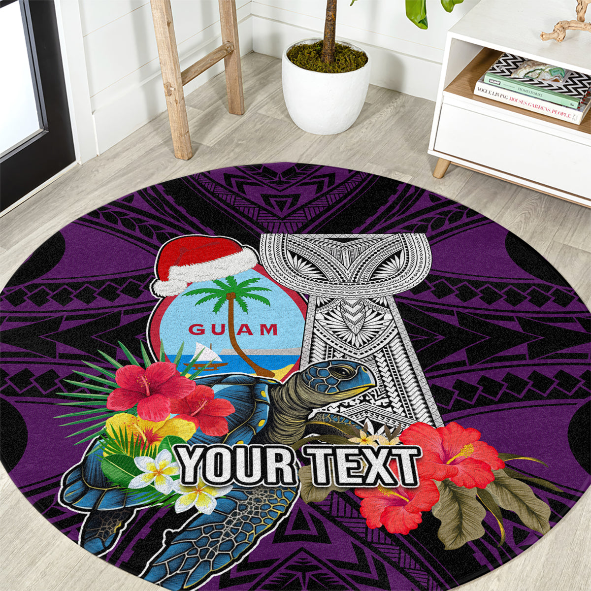 Custom Guam Christmas Round Carpet Santa Gift Latte Stone and Sea Turle Mix Hibiscus Chamorro Pink Style LT03