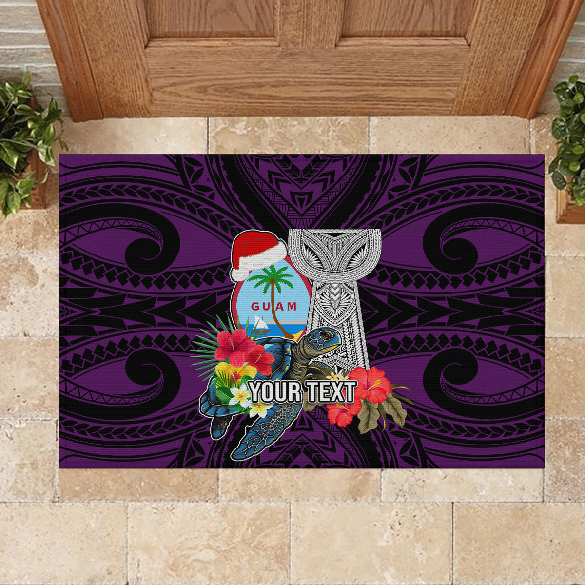 Custom Guam Christmas Rubber Doormat Santa Gift Latte Stone and Sea Turle Mix Hibiscus Chamorro Pink Style LT03