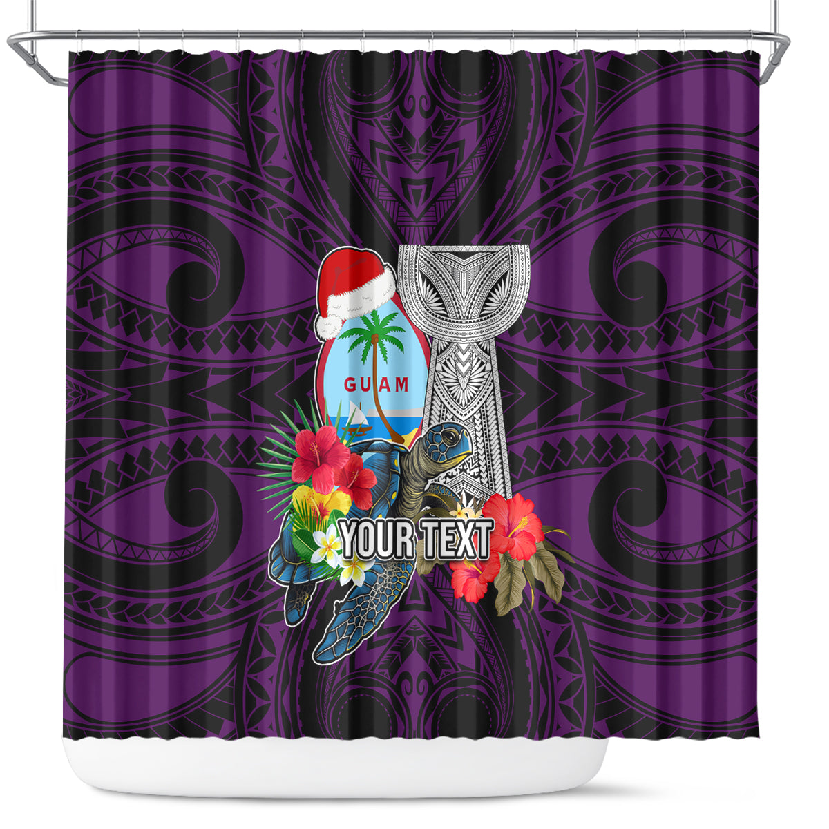 Custom Guam Christmas Shower Curtain Santa Gift Latte Stone and Sea Turle Mix Hibiscus Chamorro Pink Style LT03