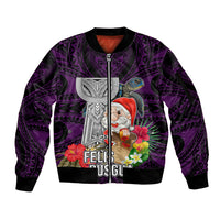 Custom Guam Christmas Sleeve Zip Bomber Jacket Santa Gift Latte Stone and Sea Turle Mix Hibiscus Chamorro Pink Style LT03