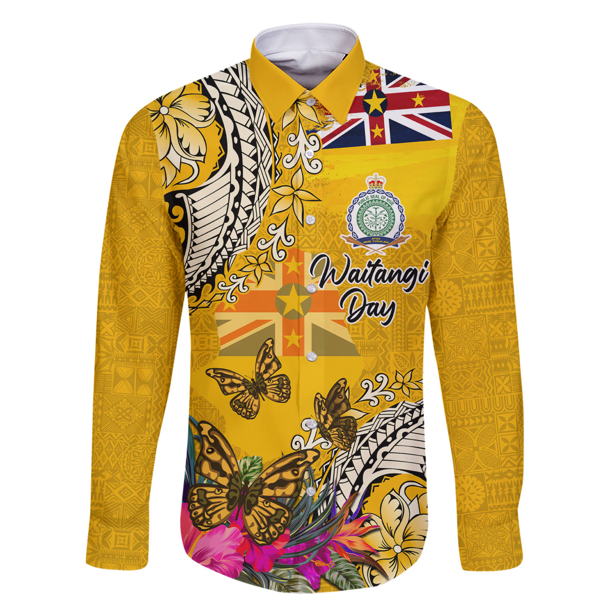Niue Waitangi Family Matching Summer Maxi Dress and Hawaiian Shirt Tropical Flower Tapa Pattern LT03 Dad's Shirt - Long Sleeve Yellow - Polynesian Pride