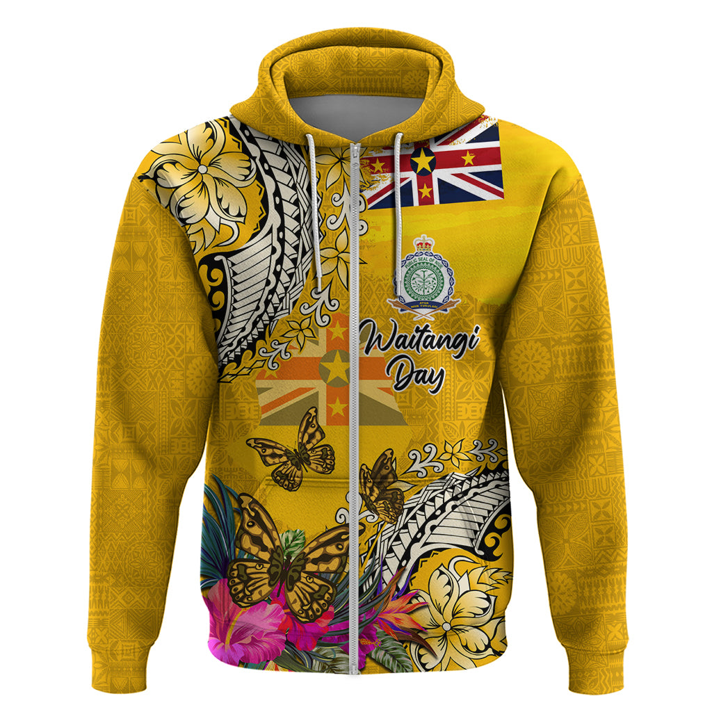 Niue Waitangi Hoodie Tropical Flower Tapa Pattern LT03 Zip Hoodie Yellow - Polynesian Pride