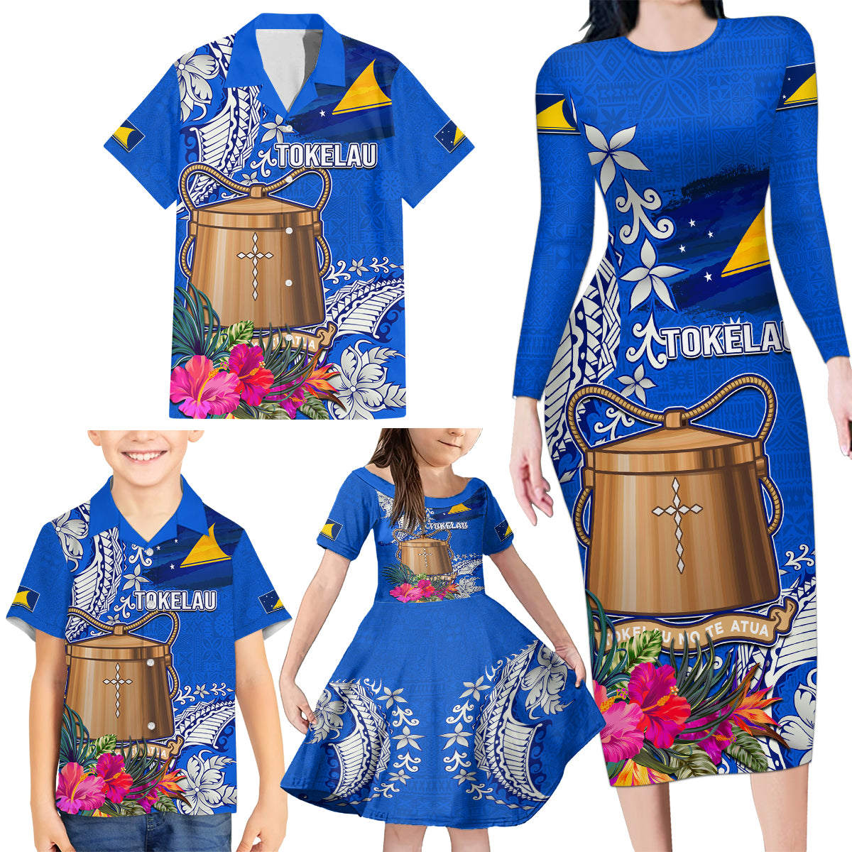 Tokelau Waitangi Family Matching Long Sleeve Bodycon Dress and Hawaiian Shirt Tropical Flower Tapa Pattern LT03 - Polynesian Pride