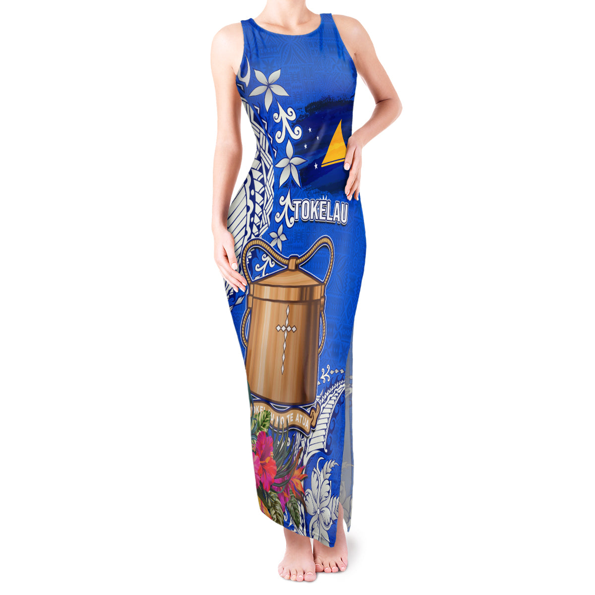 Tokelau Waitangi Tank Maxi Dress Tropical Flower Tapa Pattern LT03 Women Blue - Polynesian Pride