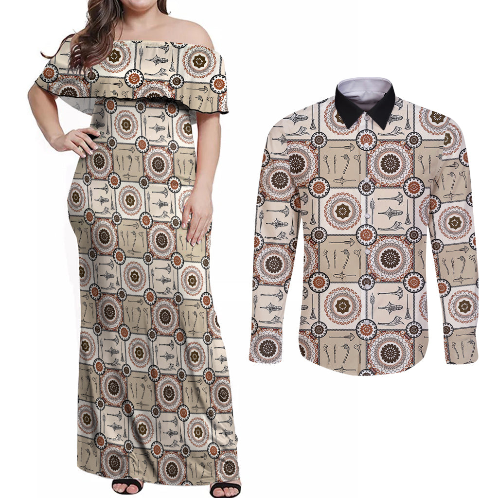 Tukenny Pattern Fijian War Clubs Couples Matching Off Shoulder Maxi Dress and Long Sleeve Button Shirt LT03 Beige - Polynesian Pride